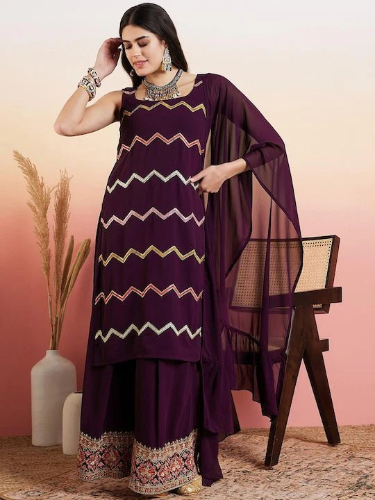 MAROON ETHNIC MOTIFS EMBROIDERED THREAD WORK GEORGETTE KURTA WITH PALAZZO & DUPATTA