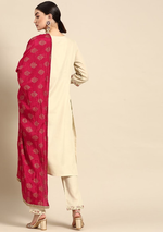 Women Off White And Pink Ethnic Motifs Yoke Design Kurta With Trousers And With Dupatta