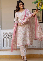 Floral Yoke Design Aari Work Pure Cotton Kurta With Trousers And With Dupatta