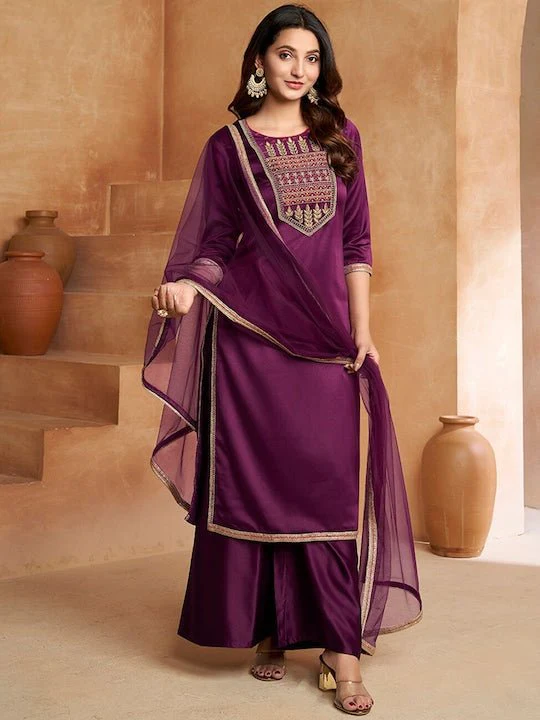 PURPLE ETHNIC MOTIFS EMBROIDERED REGULAR KURTA WITH PALAZZOS & DUPATTA