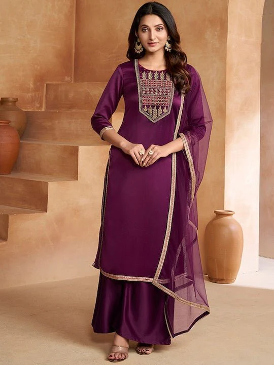 PURPLE ETHNIC MOTIFS EMBROIDERED REGULAR KURTA WITH PALAZZOS & DUPATTA