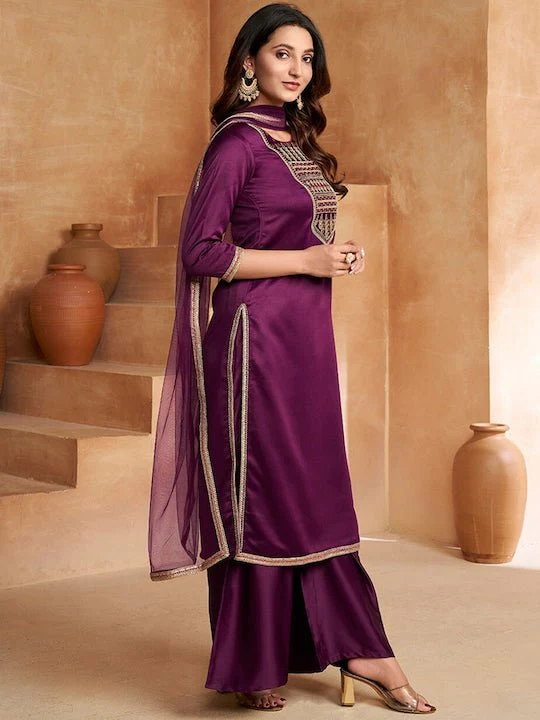 PURPLE ETHNIC MOTIFS EMBROIDERED REGULAR KURTA WITH PALAZZOS & DUPATTA