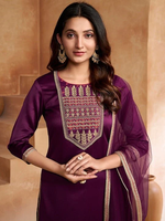 PURPLE ETHNIC MOTIFS EMBROIDERED REGULAR KURTA WITH PALAZZOS & DUPATTA