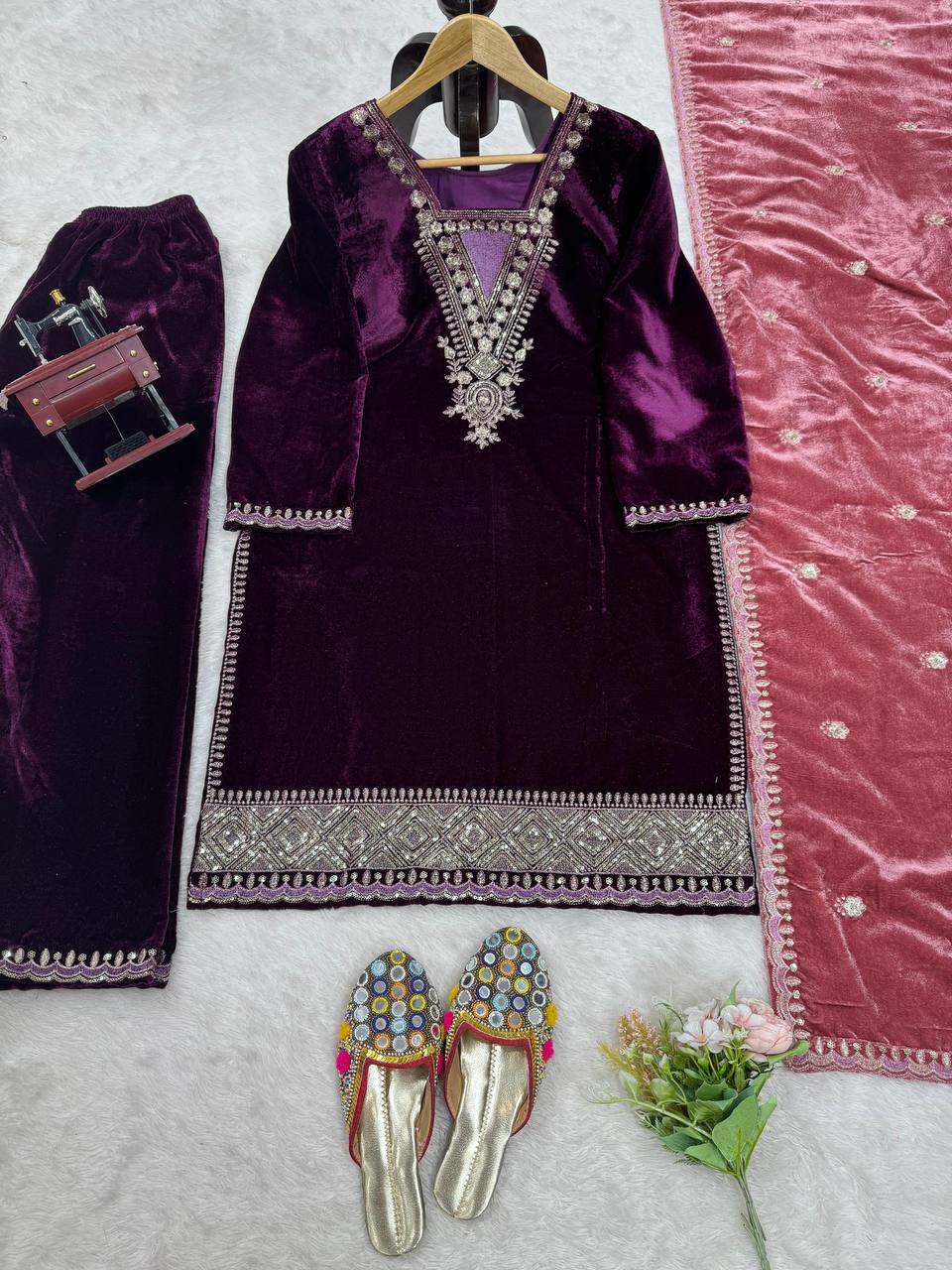 "Wine Color Viscose Velvet Kurta Set – Elegant and Luxurious"