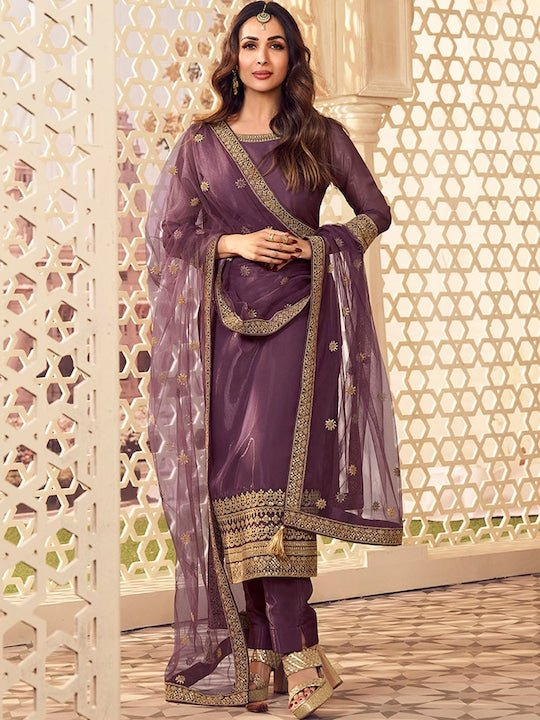 ETHNIC MOTIFS EMBROIDERED ROUND NECK ZARI KURTA SET WITH DUPATTA