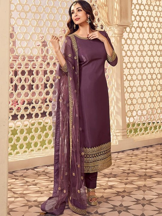 ETHNIC MOTIFS EMBROIDERED ROUND NECK ZARI KURTA SET WITH DUPATTA