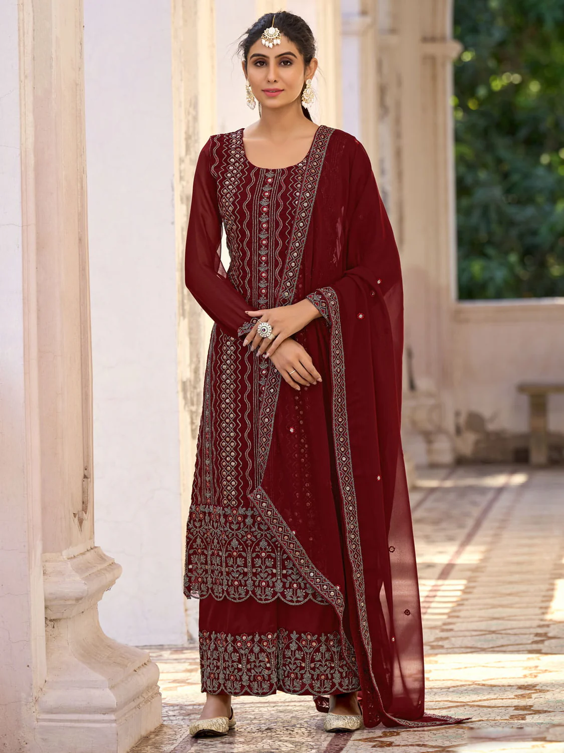 MAROON EMBROIDERED PARTYWEAR PALAZZO-SUIT