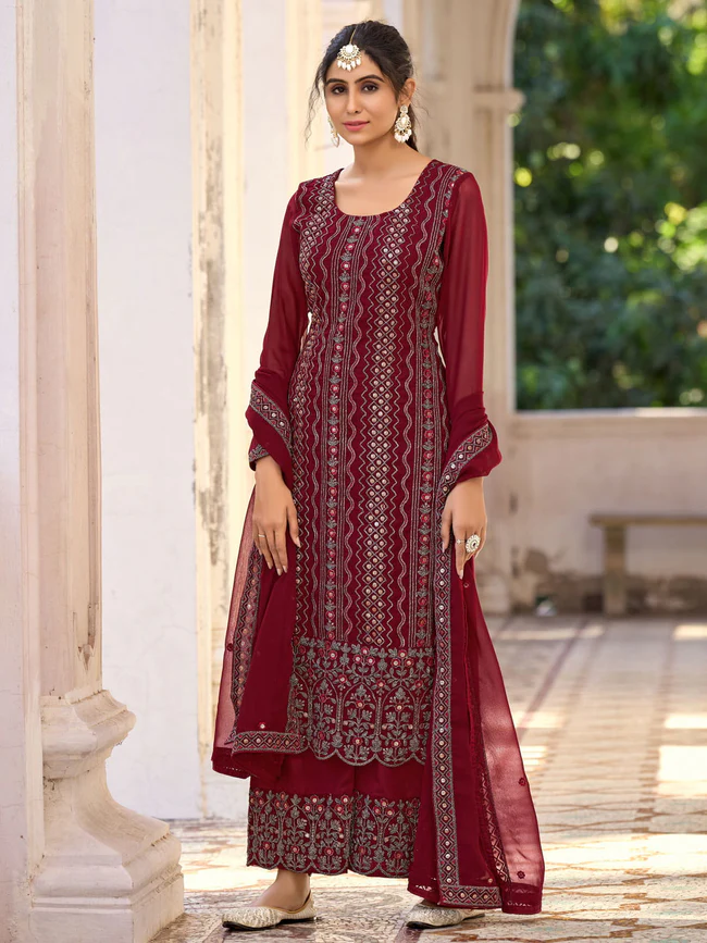 MAROON EMBROIDERED PARTYWEAR PALAZZO-SUIT