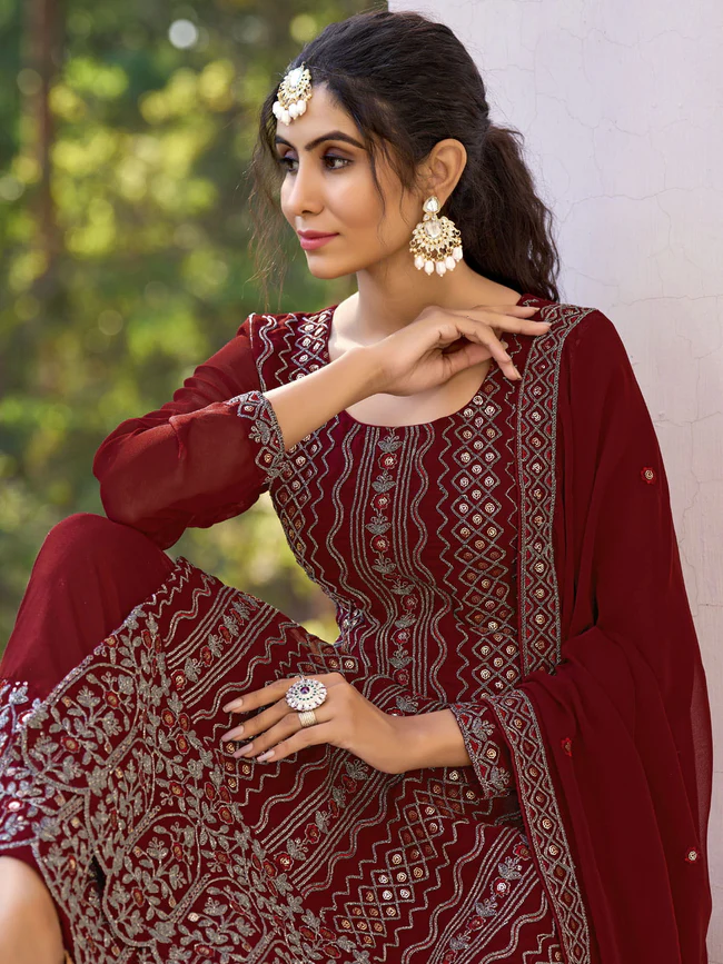 MAROON EMBROIDERED PARTYWEAR PALAZZO-SUIT