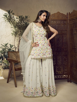 WHITE FLORAL MULTI THREAD AND SEQUINES EMBROIDERED KURTA SET