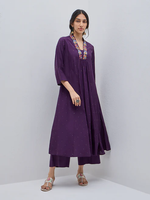 Purple Floral Embroidered A-Line Kurta Set