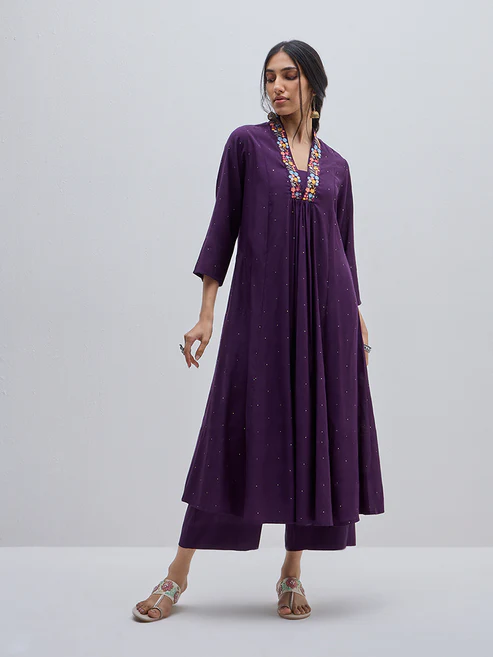 Purple Floral Embroidered A-Line Kurta Set