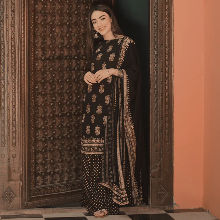 Black Festive Gold Gharara Kurta Set with Dupatta