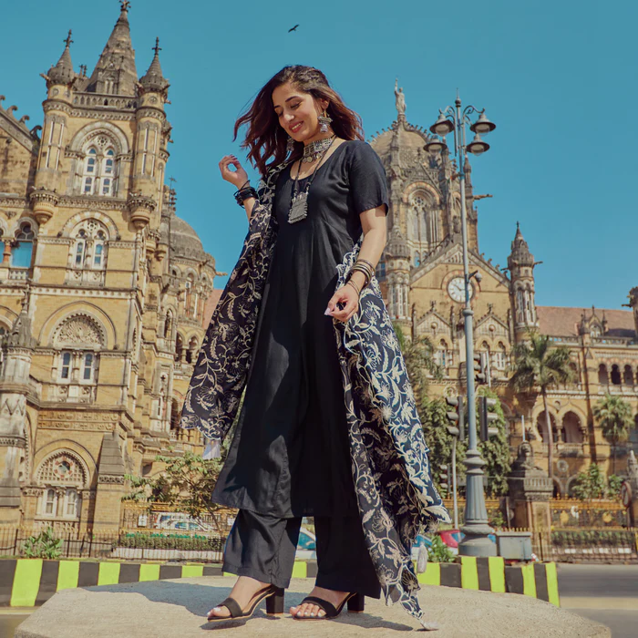 Black Flared Kurta Set with Scalloped Dupatta