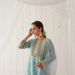 Sky Blue Chanderi Gold Printed Kurta Set with Dupatta