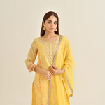 Mango Yellow Floral Straight Kurta Set with Yoke Embroidery & Dupatta