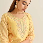 Mango Yellow Floral Straight Kurta Set with Yoke Embroidery & Dupatta