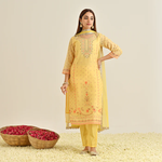 Mango Yellow Floral Straight Kurta Set with Yoke Embroidery & Dupatta