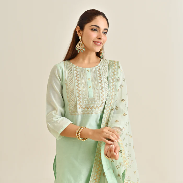 Mint Festive Embroidered Kurta Set with Embroidered Dupatta