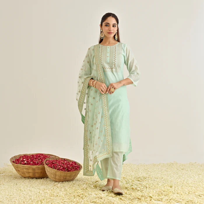 Mint Festive Embroidered Kurta Set with Embroidered Dupatta