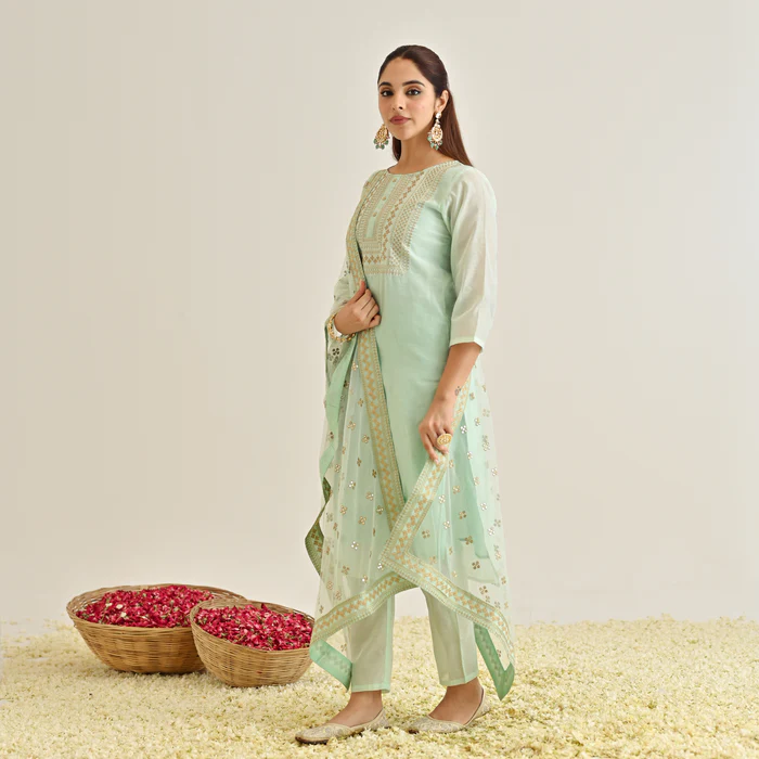 Mint Festive Embroidered Kurta Set with Embroidered Dupatta