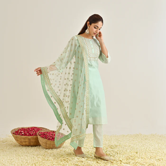 Mint Festive Embroidered Kurta Set with Embroidered Dupatta