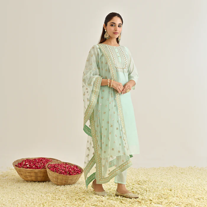 Mint Festive Embroidered Kurta Set with Embroidered Dupatta