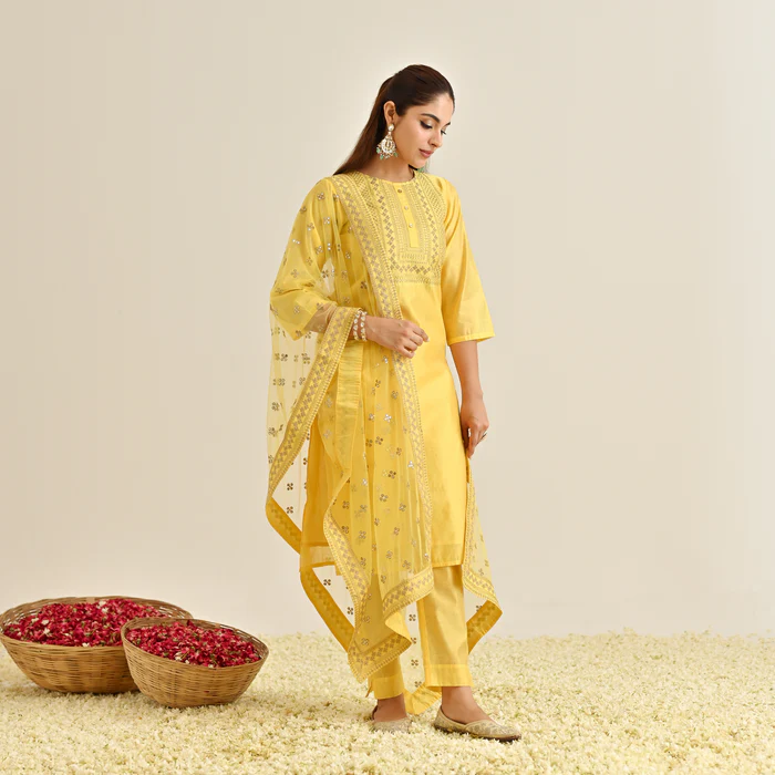 Yellow Festive Embroidered Kurta Set with Embroidered Dupatta