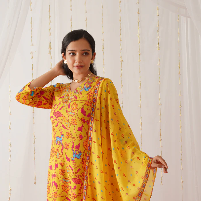 Yellow Neck Embroidered Kurta Set with Dupatta