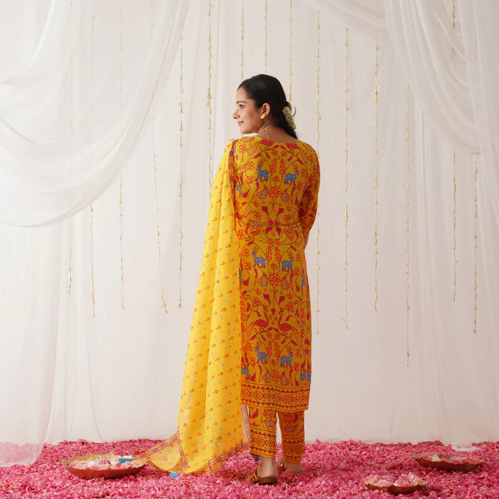 Yellow Neck Embroidered Kurta Set with Dupatta