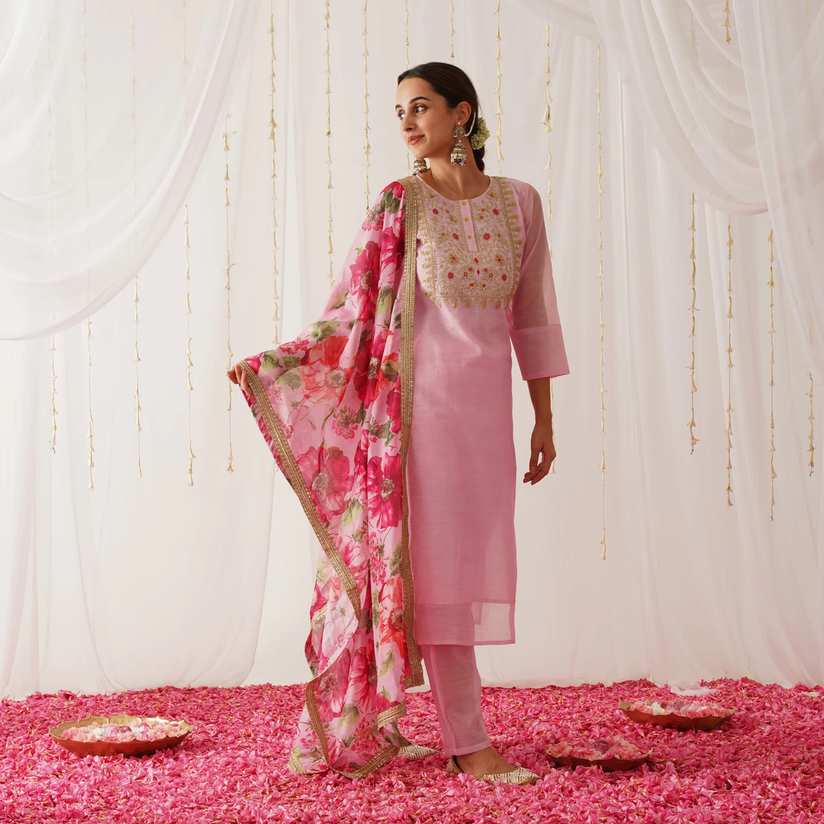 Pink Embroidered Chanderi Kurta Set with Dupatta