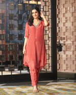 GORYA ROSEGOLD EMBROIDERED SILK KURTA SET