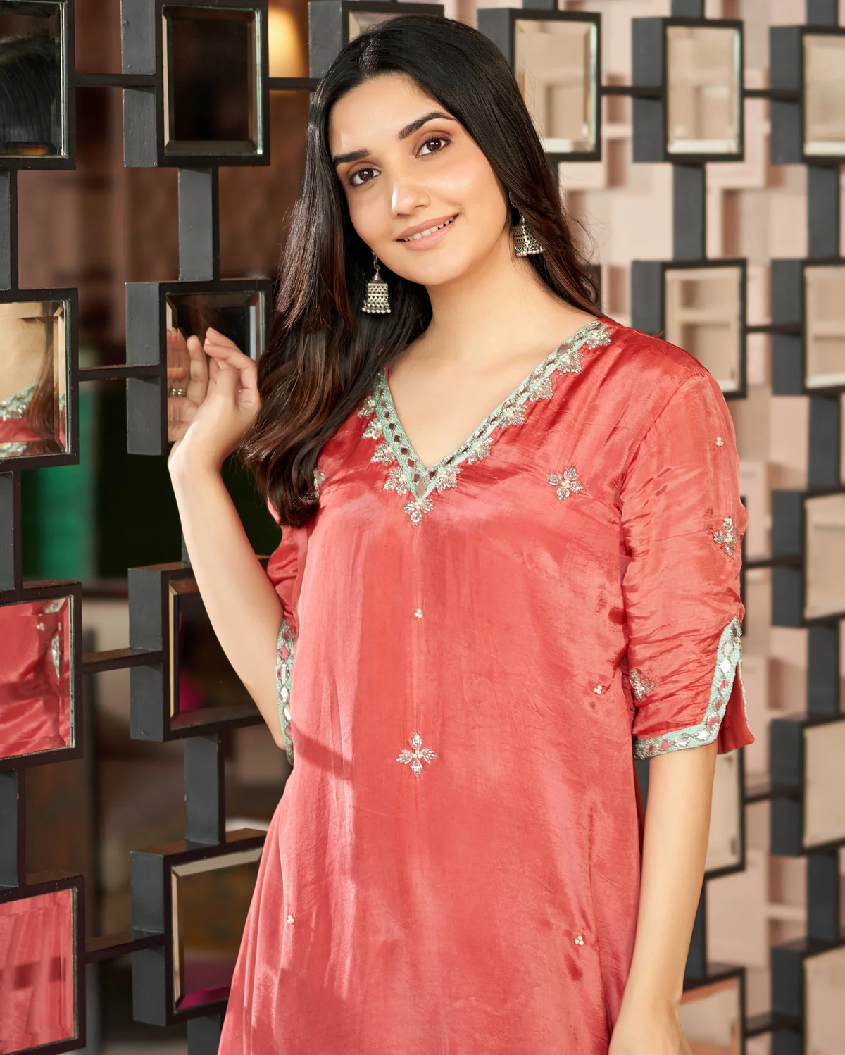 GORYA ROSEGOLD EMBROIDERED SILK KURTA SET