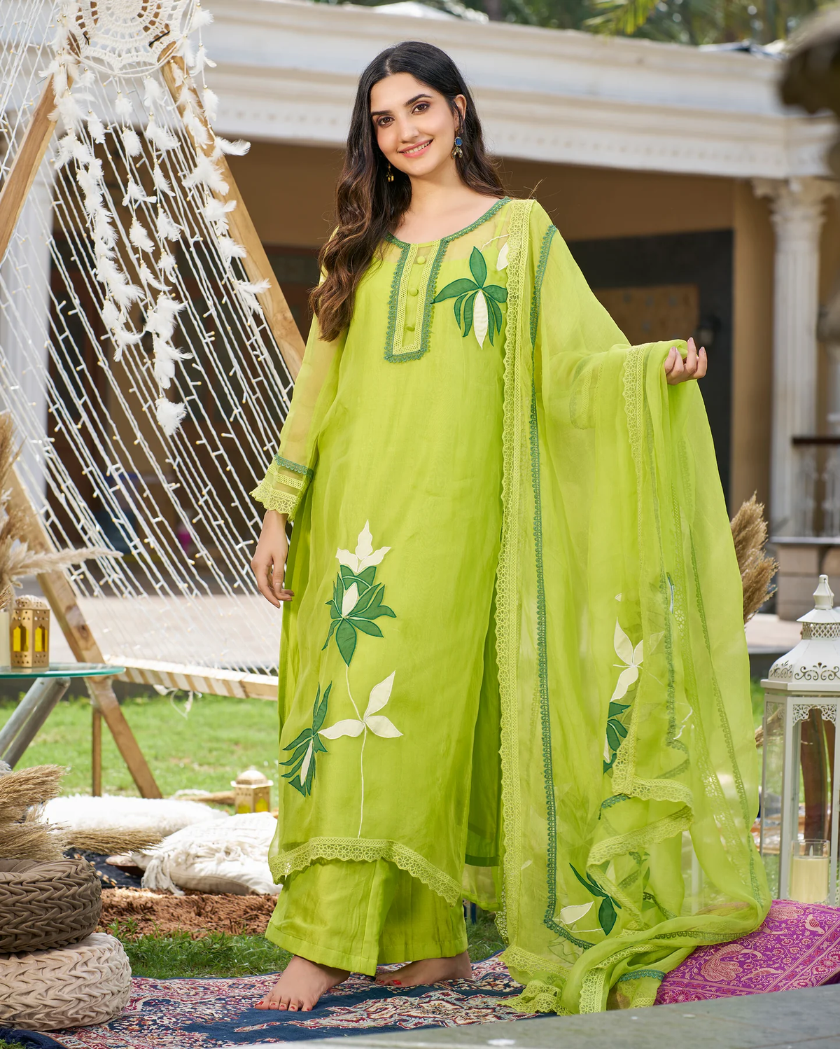 GREEN APPLIQUE ORGANZA KURTA SET