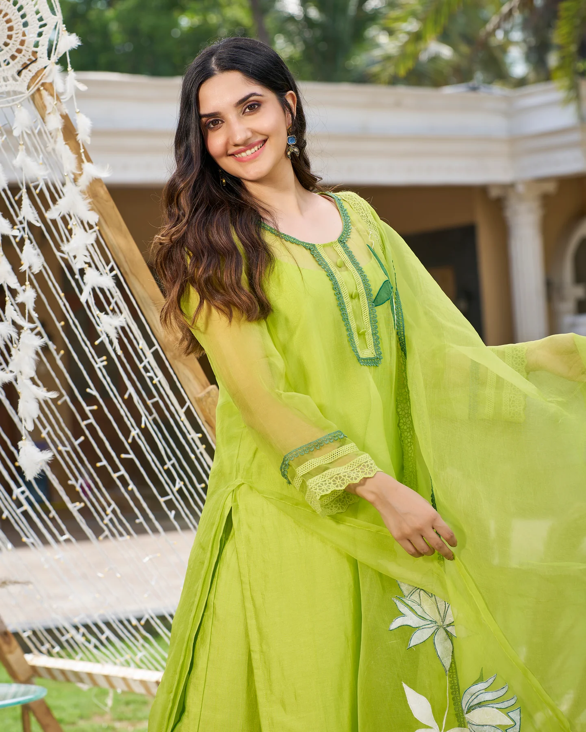 GREEN APPLIQUE ORGANZA KURTA SET