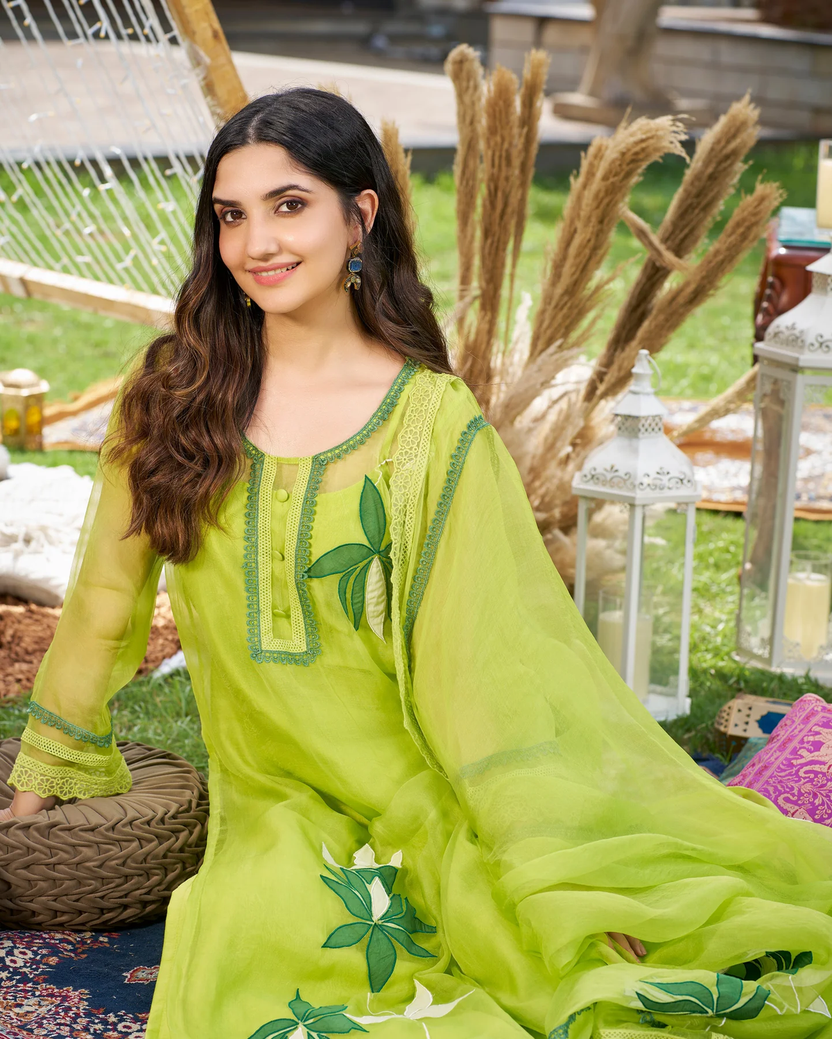 GREEN APPLIQUE ORGANZA KURTA SET