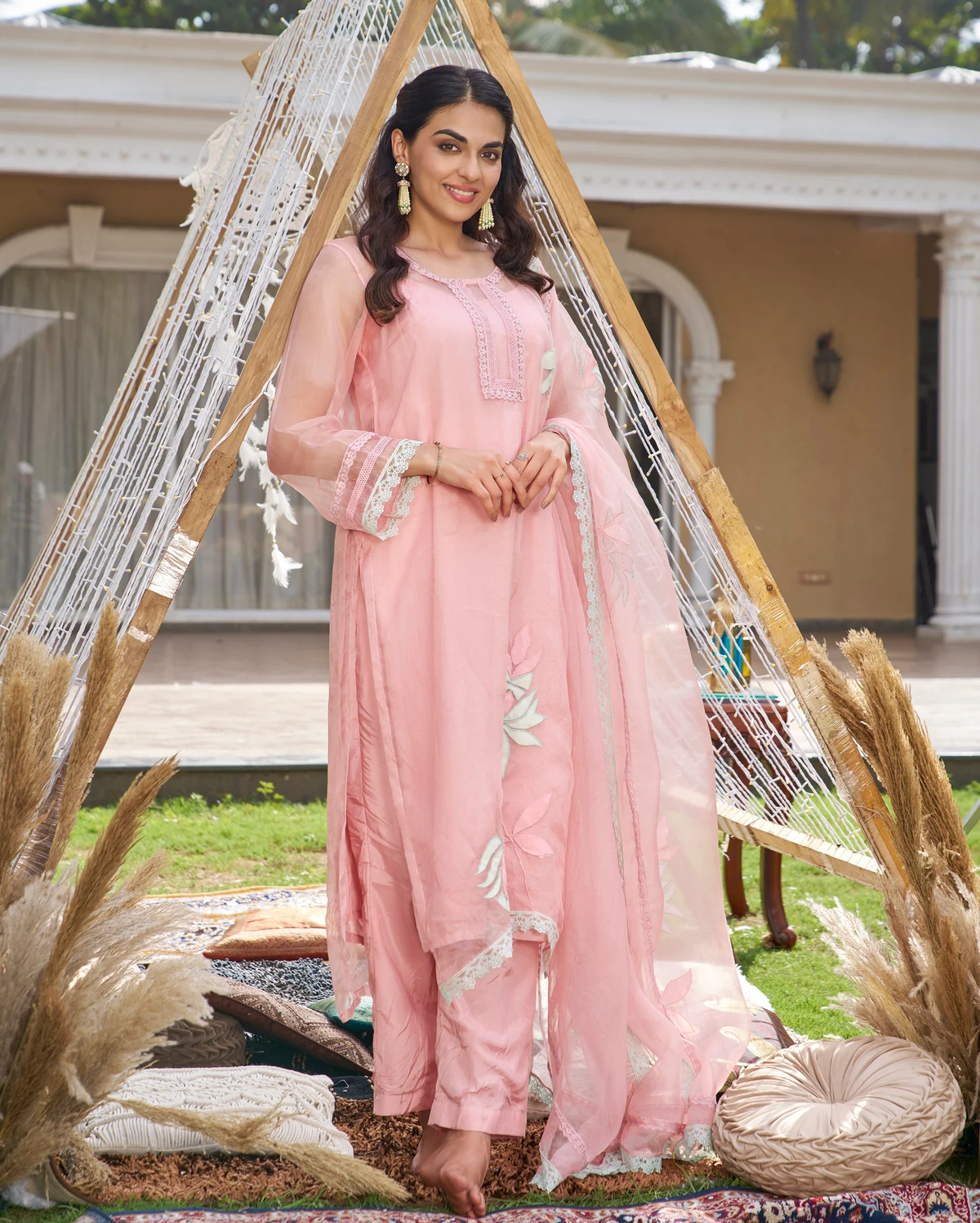 PINK APPLIQUE ORGANZA KURTA SET