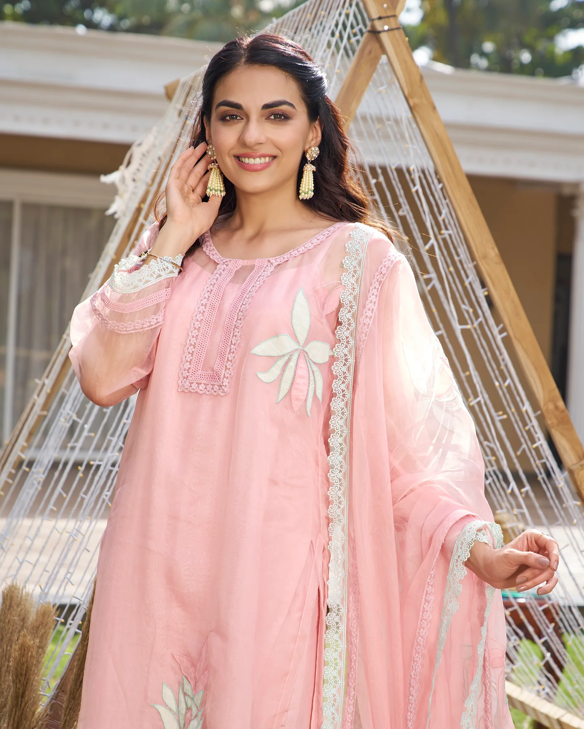 PINK APPLIQUE ORGANZA KURTA SET