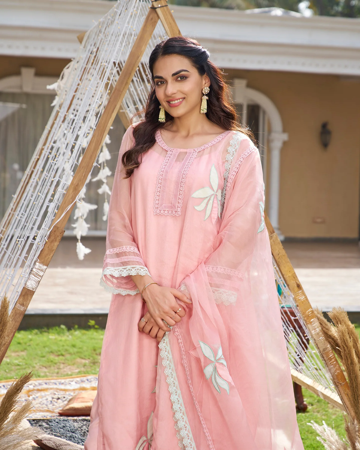 PINK APPLIQUE ORGANZA KURTA SET