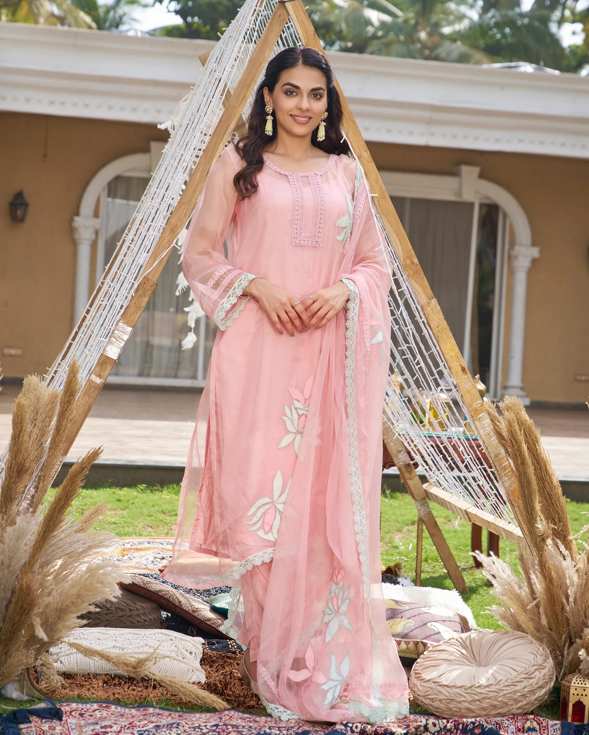 PINK APPLIQUE ORGANZA KURTA SET