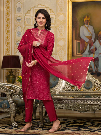 Women Red Printed Straight Kurta Pants & Dupatta Set