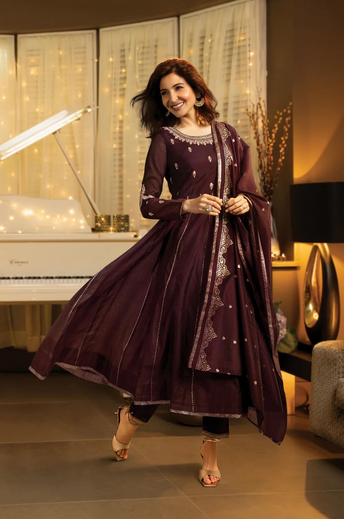 Purple Flared Embroidered Kurta, Pants And Dupatta Set