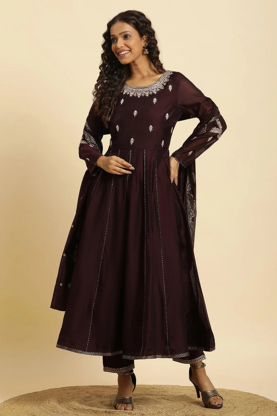 Purple Flared Embroidered Kurta, Pants And Dupatta Set