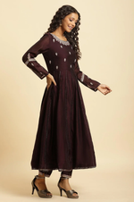 Purple Flared Embroidered Kurta, Pants And Dupatta Set