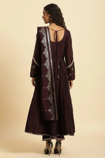 Purple Flared Embroidered Kurta, Pants And Dupatta Set