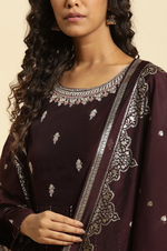 Purple Flared Embroidered Kurta, Pants And Dupatta Set