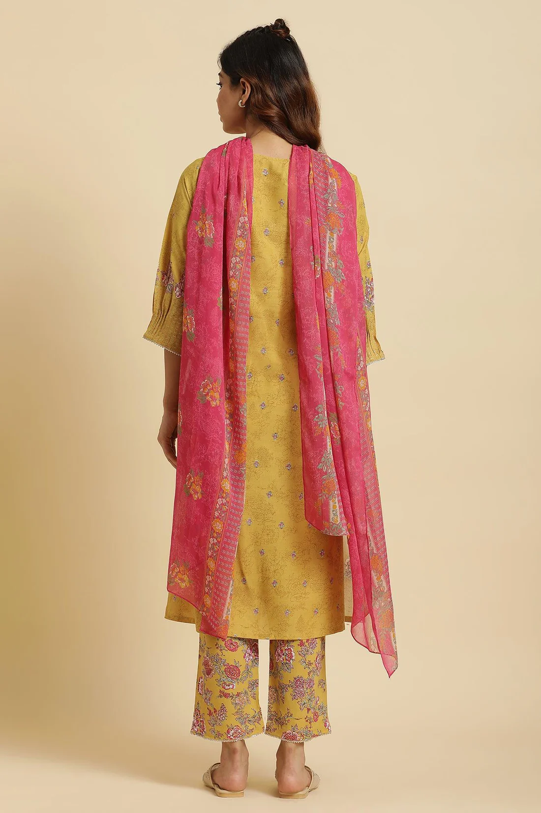 Yellow Floral Printed Kurta, Pants And Pink Dupatta Set