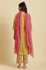 Yellow Floral Printed Kurta, Pants And Pink Dupatta Set