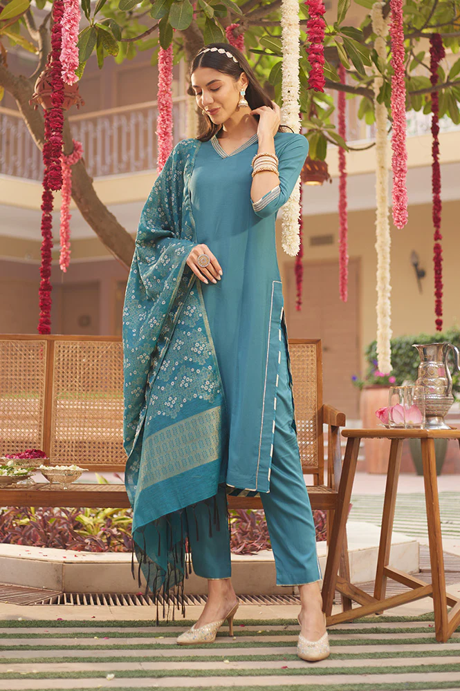 Blue Embellished Kurta, Pants And Jacquard Dupatta Set