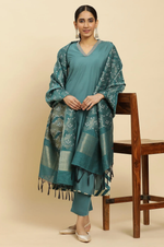 Blue Embellished Kurta, Pants And Jacquard Dupatta Set